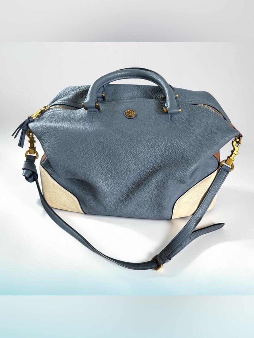 👜 Tory Burch Pebbled Leather Satchel | Blue Colorblock | Crossbody | MSRP $495